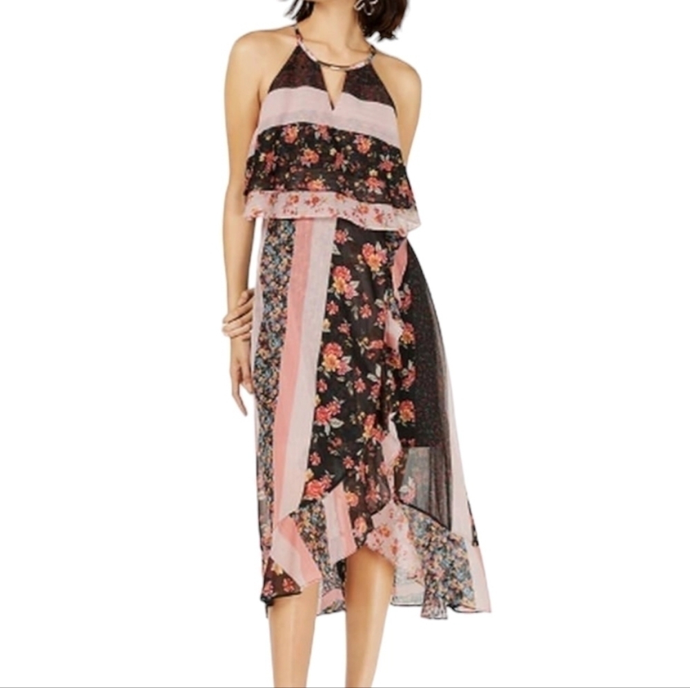 Kensie Women's Pink and Black Floral Printed Ruffle Sleeveless Hi-Lo Dress Sz 4